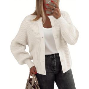 imageZeagoo 2025 Cardigan Sweaters for Women Long Sleeve Chunky Knit Cardigan Crew Neck Button Down Fall Fashion ClothesWhite