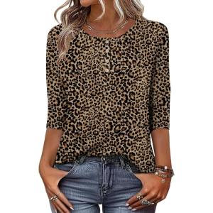 imageZeagoo 34 Length Sleeve Women Tops Crew Neck Blouses Dressy Casual Summer T Shirts Loose Fit Business Work ClothesAn136leopard Print