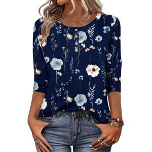 imageZeagoo 34 Length Sleeve Women Tops Crew Neck Blouses Dressy Casual Summer T Shirts Loose Fit Business Work ClothesBf318navy Flower
