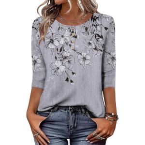imageZeagoo 34 Length Sleeve Women Tops Crew Neck Blouses Dressy Casual Summer T Shirts Loose Fit Business Work ClothesDh62grey Flower