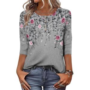 imageZeagoo 34 Length Sleeve Women Tops Crew Neck Blouses Dressy Casual Summer T Shirts Loose Fit Business Work ClothesHf36grey Leaves