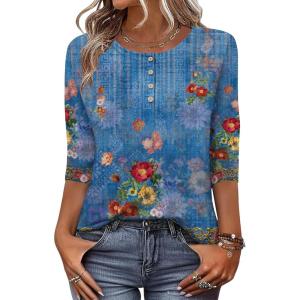 imageZeagoo 34 Length Sleeve Women Tops Crew Neck Blouses Dressy Casual Summer T Shirts Loose Fit Business Work ClothesMz876blue Print