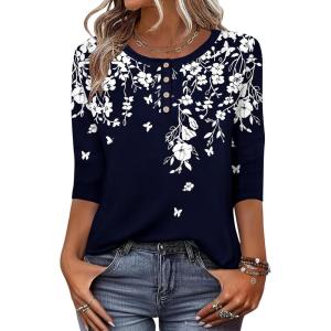 imageZeagoo 34 Length Sleeve Women Tops Crew Neck Blouses Dressy Casual Summer T Shirts Loose Fit Business Work ClothesSf103navy Blue Leaves