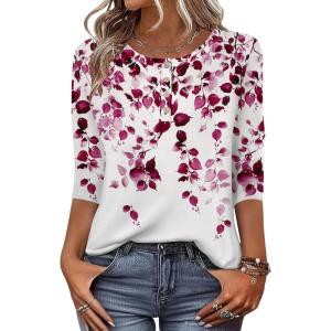imageZeagoo 34 Length Sleeve Women Tops Crew Neck Blouses Dressy Casual Summer T Shirts Loose Fit Business Work ClothesWf74purple Leaves