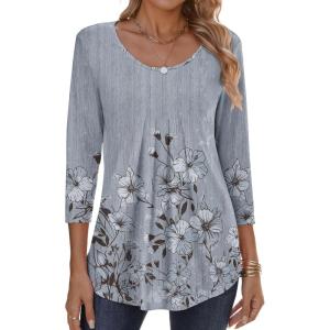 imageZeagoo 34 Sleeve Tops for Women Crew Neck Blouses Pleated Casual Shirts Fall Work Clothes 2025Floral Grey