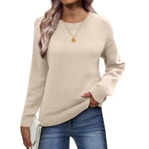 imageZeagoo Fall Sweaters for Women 2025 Long Sleeve Crewneck Ribbed Knit Pullover Sweater Loose Fit Basic Jumper TopsA Warm Apricot