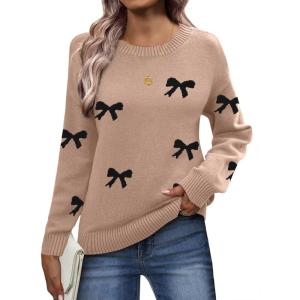 imageZeagoo Fall Sweaters for Women 2025 Long Sleeve Crewneck Ribbed Knit Pullover Sweater Loose Fit Basic Jumper TopsBow625