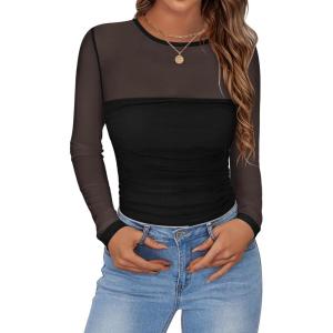 imageZeagoo Long Sleeve Shirts for Women Sheer Mesh Sexy Blouses Fall Fashion Crewneck Going Out TopsBlack