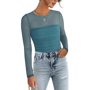 imageZeagoo Long Sleeve Shirts for Women Sheer Mesh Sexy Blouses Fall Fashion Crewneck Going Out TopsBlue