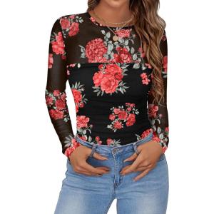 imageZeagoo Long Sleeve Shirts for Women Sheer Mesh Sexy Blouses Fall Fashion Crewneck Going Out TopsFloral Printbf300