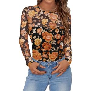 imageZeagoo Long Sleeve Shirts for Women Sheer Mesh Sexy Blouses Fall Fashion Crewneck Going Out TopsFloral Printwf75