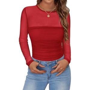 imageZeagoo Long Sleeve Shirts for Women Sheer Mesh Sexy Blouses Fall Fashion Crewneck Going Out TopsRed