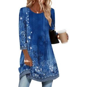 imageZeagoo Women Tops 34 Sleeve Dressy Casual Plus Size Tunics to Wear with Leggings Swing Flare TShirt Loose Blouses S3XLBlue Flowermz845