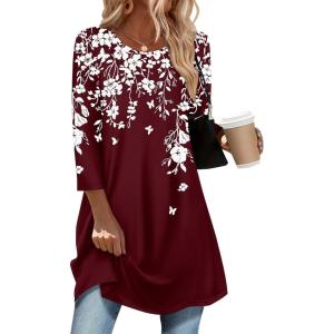 imageZeagoo Women Tops 34 Sleeve Dressy Casual Plus Size Tunics to Wear with Leggings Swing Flare TShirt Loose Blouses S3XLBurgundy Flowersf186