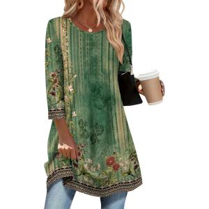 imageZeagoo Women Tops 34 Sleeve Dressy Casual Plus Size Tunics to Wear with Leggings Swing Flare TShirt Loose Blouses S3XLGreen Flowermz839