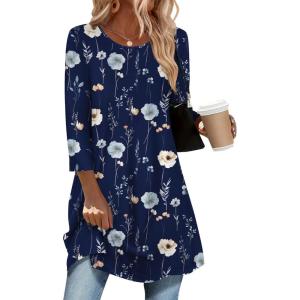 imageZeagoo Women Tops 34 Sleeve Dressy Casual Plus Size Tunics to Wear with Leggings Swing Flare TShirt Loose Blouses S3XLNavy Blue Flowersbf318