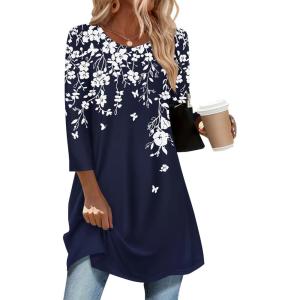 imageZeagoo Women Tops 34 Sleeve Dressy Casual Plus Size Tunics to Wear with Leggings Swing Flare TShirt Loose Blouses S3XLNavy Blue Flowerssf103
