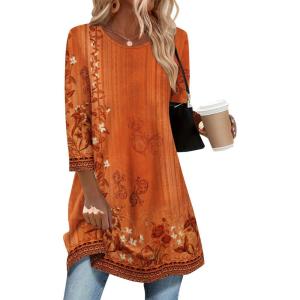 imageZeagoo Women Tops 34 Sleeve Dressy Casual Plus Size Tunics to Wear with Leggings Swing Flare TShirt Loose Blouses S3XLOrange Flowermz867