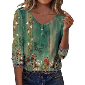 imageZeagoo Women Tops Loose Fit Long Sleeve V Neck T Shirts Business Casual Blouses Dressy Fall Fashion Work ClothesGreen Flowermz839