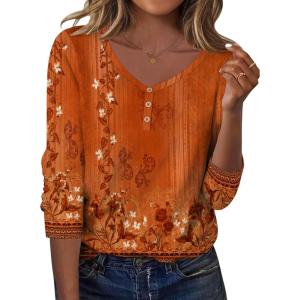 imageZeagoo Women Tops Loose Fit Long Sleeve V Neck T Shirts Business Casual Blouses Dressy Fall Fashion Work ClothesOrange Flowermz867