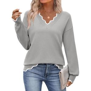 imageZeagoo Womens 2025 Fall V Neck Sweater Casual Long Sleeve Lightweight Ribbed Knit Pullover Sweaters Dressy Casual TopsGrey