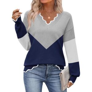 imageZeagoo Womens 2025 Fall V Neck Sweater Casual Long Sleeve Lightweight Ribbed Knit Pullover Sweaters Dressy Casual TopsY Grey  Navy