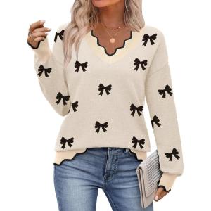 imageZeagoo Womens 2025 Fall V Neck Sweater Casual Long Sleeve Lightweight Ribbed Knit Pullover Sweaters Dressy Casual TopsZ Bow Black