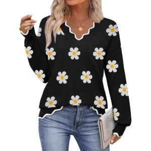 imageZeagoo Womens 2025 Fall V Neck Sweater Casual Long Sleeve Lightweight Ribbed Knit Pullover Sweaters Dressy Casual TopsZ Flower Black