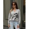 imageZeagoo Womens 2025 Fall Sweaters Casual Long Sleeve V Neck Loose Lightweight Crochet Knit Pullover Sweater TopsBowknot Grey