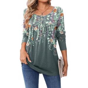 imageZeagoo Long Sleeve Shirts for Women Fall Fashion Dressy Casual Blouses Trendy Pleated Tunic Tops for Leggings 2025Gray Printwf71