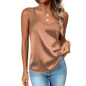 imageZeagoo Silk Camisole Tops for Women 2025 V Neck Satin Tank Top Spaghetti Strap Cross Back Sleeveless Summer Blouses1 Pack Brown