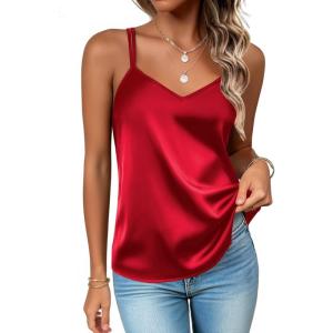 imageZeagoo Silk Camisole Tops for Women 2025 V Neck Satin Tank Top Spaghetti Strap Cross Back Sleeveless Summer Blouses1 Pack Red