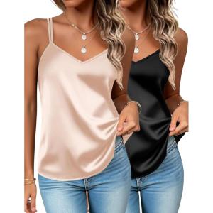 imageZeagoo Silk Camisole Tops for Women 2025 V Neck Satin Tank Top Spaghetti Strap Cross Back Sleeveless Summer Blouses2 Pack Blackchampagne