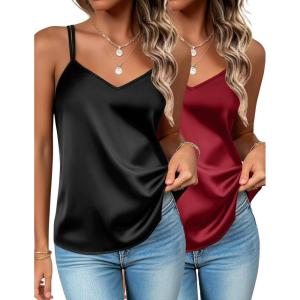 imageZeagoo Silk Camisole Tops for Women 2025 V Neck Satin Tank Top Spaghetti Strap Cross Back Sleeveless Summer Blouses2 Pack Blackwine Red