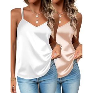 imageZeagoo Silk Camisole Tops for Women 2025 V Neck Satin Tank Top Spaghetti Strap Cross Back Sleeveless Summer Blouses2 Pack Champagnewhite