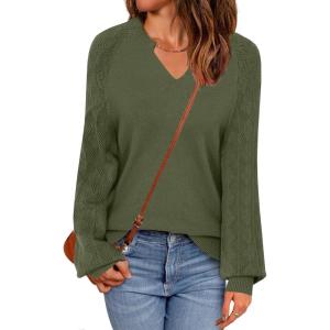 imageZeagoo Womens 2025 Fall Sweaters Casual Long Sleeve V Neck Loose Lightweight Crochet Knit Pullover Sweater TopsArmy Green