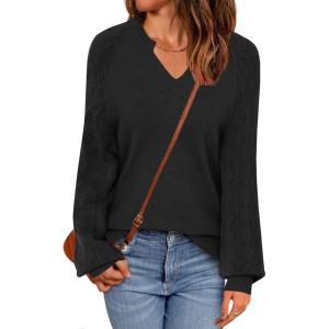 imageZeagoo Womens 2025 Fall Sweaters Casual Long Sleeve V Neck Loose Lightweight Crochet Knit Pullover Sweater TopsBlack