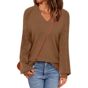 imageZeagoo Womens 2025 Fall Sweaters Casual Long Sleeve V Neck Loose Lightweight Crochet Knit Pullover Sweater TopsCoffee