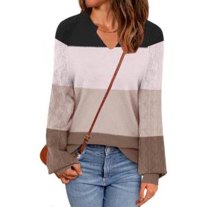 imageZeagoo Womens 2025 Fall Sweaters Casual Long Sleeve V Neck Loose Lightweight Crochet Knit Pullover Sweater TopsColorblock Tz191