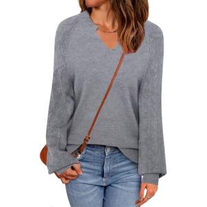 imageZeagoo Womens 2025 Fall Sweaters Casual Long Sleeve V Neck Loose Lightweight Crochet Knit Pullover Sweater TopsGrey