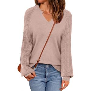 imageZeagoo Womens 2025 Fall Sweaters Casual Long Sleeve V Neck Loose Lightweight Crochet Knit Pullover Sweater TopsKhaki