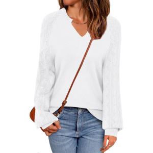imageZeagoo Womens 2025 Fall Sweaters Casual Long Sleeve V Neck Loose Lightweight Crochet Knit Pullover Sweater TopsWhite