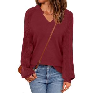 imageZeagoo Womens 2025 Fall Sweaters Casual Long Sleeve V Neck Loose Lightweight Crochet Knit Pullover Sweater TopsWine Red