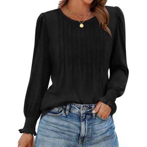 imageZeagoo Womens Tops Puff Long Sleeve Shirts Dressy Casual Crew Neck Pleated Summer Fall Work Blouses S3XLBlack