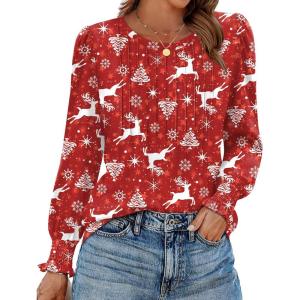 imageZeagoo Womens Tops Puff Long Sleeve Shirts Dressy Casual Crew Neck Pleated Summer Fall Work Blouses S3XLChristmas Redsd144