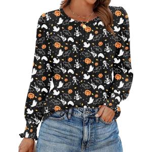 imageZeagoo Womens Tops Puff Long Sleeve Shirts Dressy Casual Crew Neck Pleated Summer Fall Work Blouses S3XLHalloween Blackws36