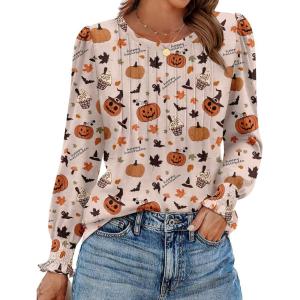 imageZeagoo Womens Tops Puff Long Sleeve Shirts Dressy Casual Crew Neck Pleated Summer Fall Work Blouses S3XLHalloween Khakiws104