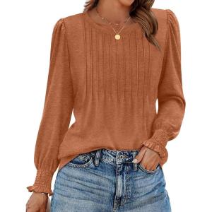 imageZeagoo Womens Tops Puff Long Sleeve Shirts Dressy Casual Crew Neck Pleated Summer Fall Work Blouses S3XLKhaki