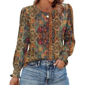 imageZeagoo Womens Tops Puff Long Sleeve Shirts Dressy Casual Crew Neck Pleated Summer Fall Work Blouses S3XLMz721