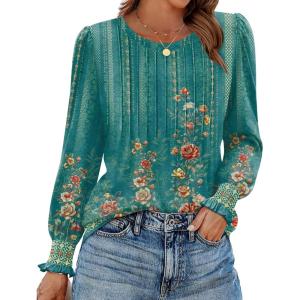 imageZeagoo Womens Tops Puff Long Sleeve Shirts Dressy Casual Crew Neck Pleated Summer Fall Work Blouses S3XLMz871